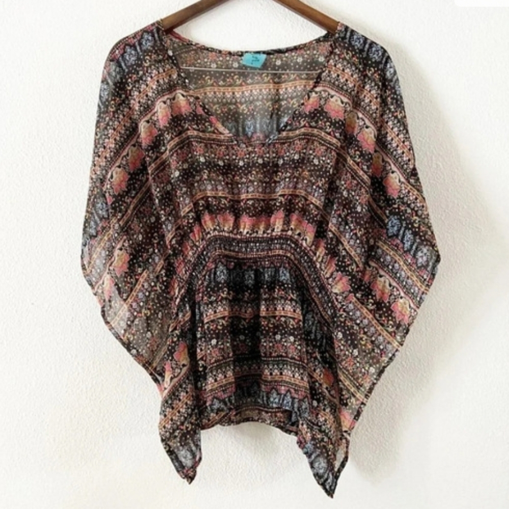 Multicolor Bohemian Semi Sheer Batwing Top